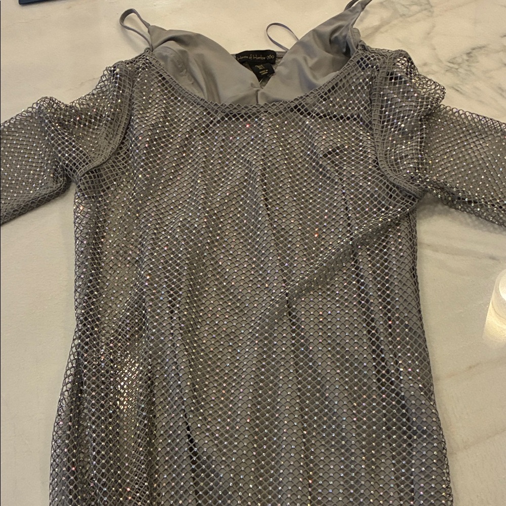 House of Harlow 1960 Gray Rhinestone Mesh Long Sleeve Sheath Dress.